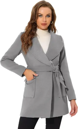 Allegra K Women's Winter Shawl Collar Long Sleeve Tie Belt Wrap Coats with Pockets