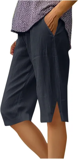Bermuda Shorts for Women Knee Length Cotton Linen Shorts Casual Elastic Waisted Wide Leg Shorts Summer Beach Outfits