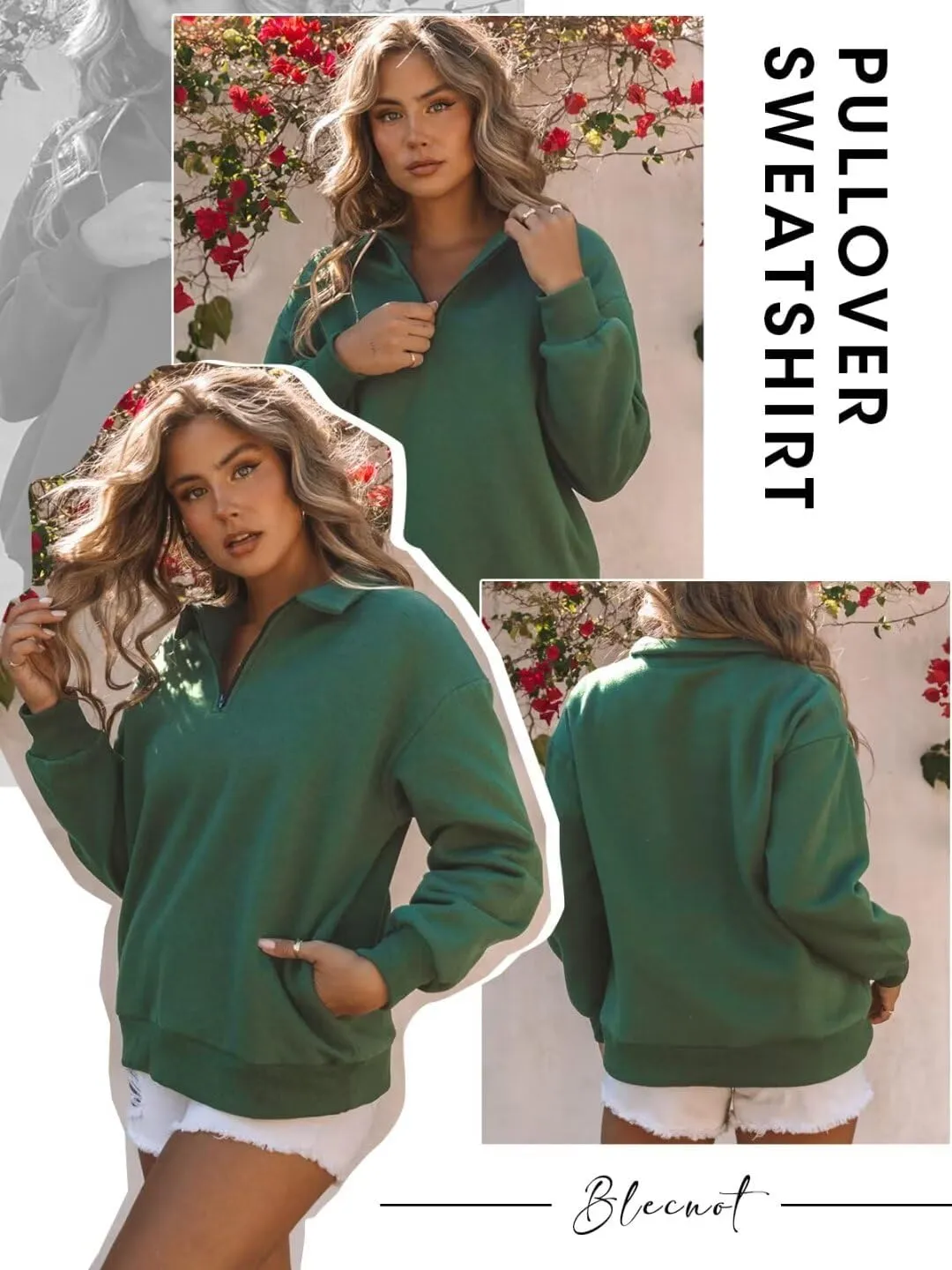 BLENCOT Women Half Zip Oversized Sweatshirts Long Sleeve Solid Color Drop Shoulder Fleece Workout Pullover S-2XL