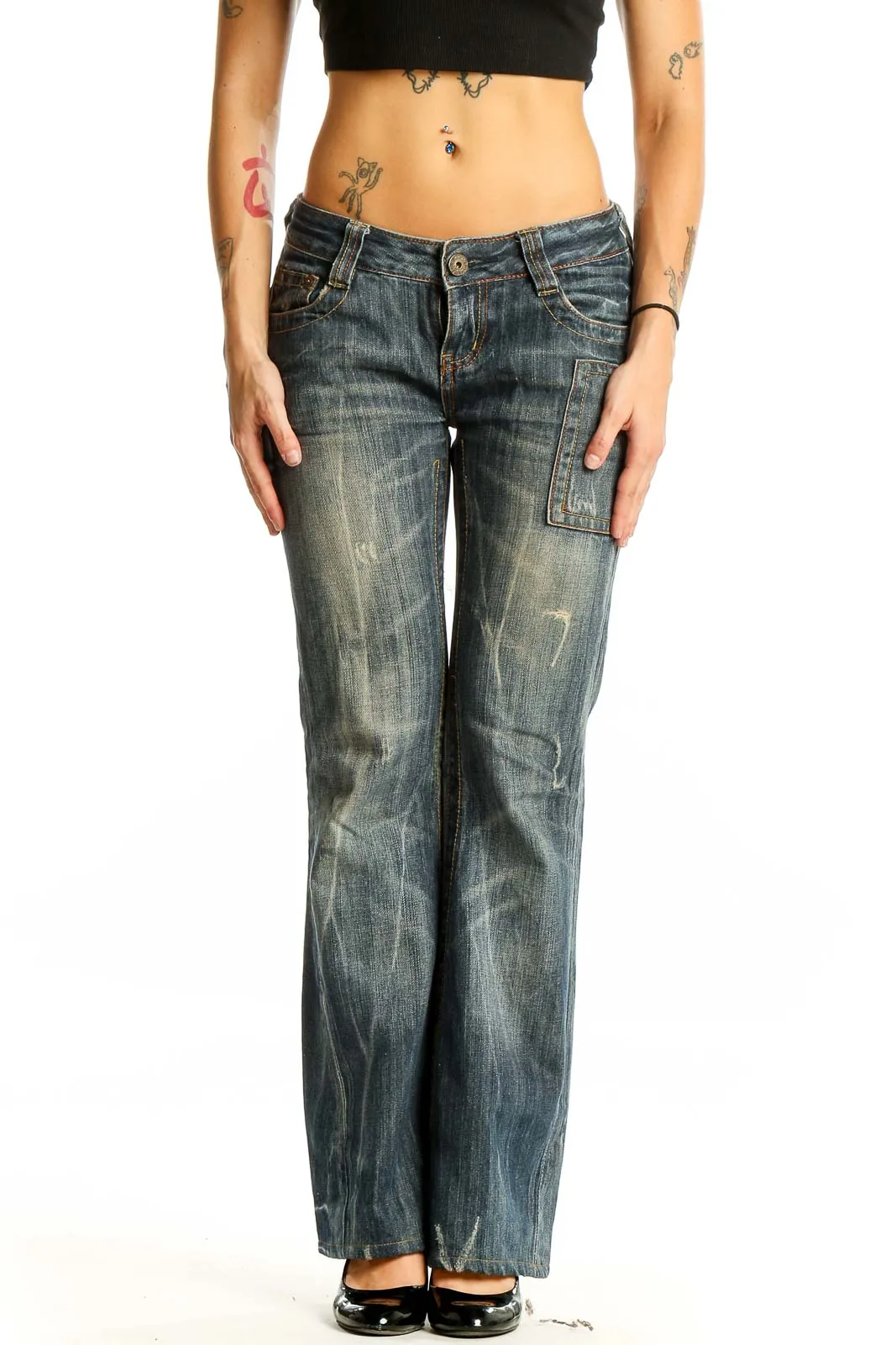 Blue Distressed Flared Denim Jeans