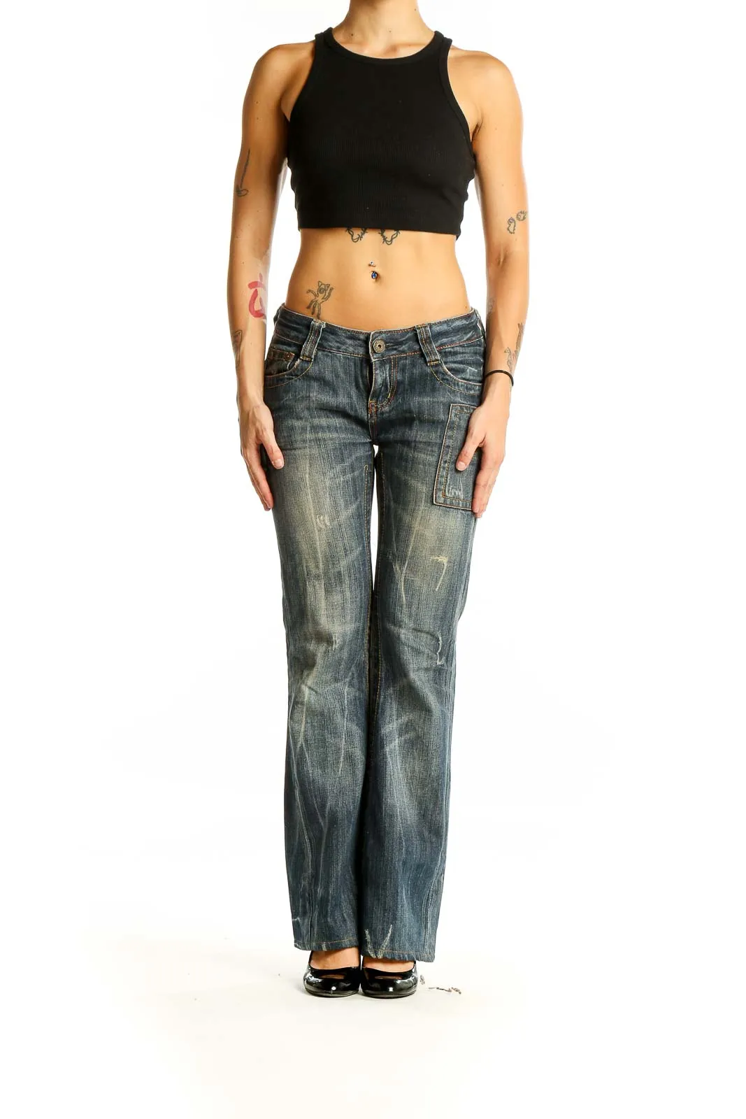 Blue Distressed Flared Denim Jeans