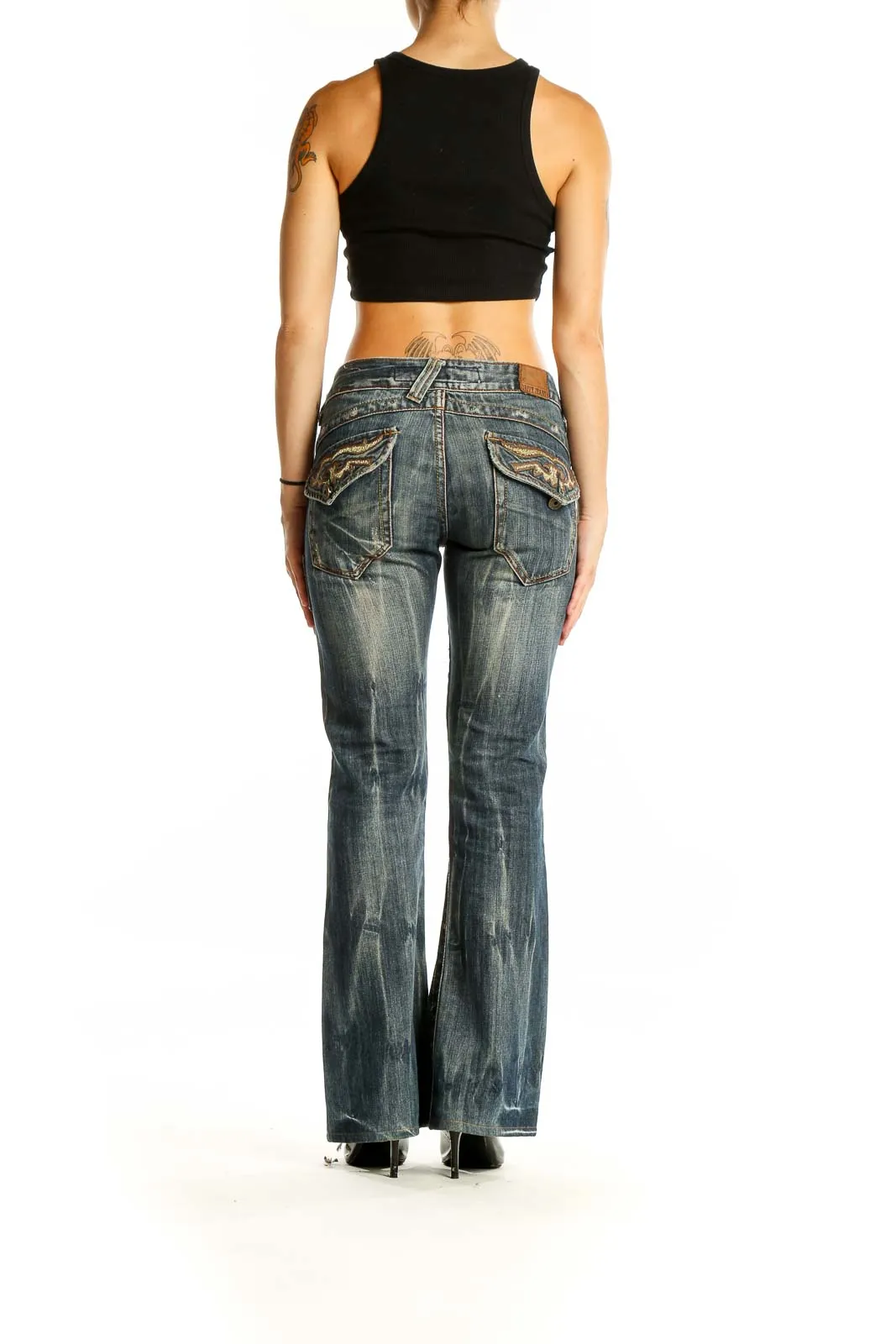 Blue Distressed Flared Denim Jeans