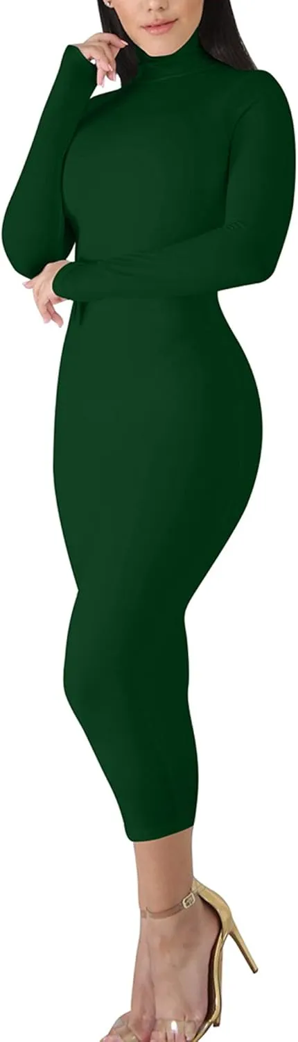 BORIFLORS Women's Sexy Basic Long Sleeve Turtleneck Bodycon Party Long Pencil Dress