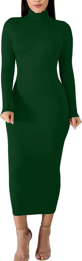 BORIFLORS Women's Sexy Basic Long Sleeve Turtleneck Bodycon Party Long Pencil Dress