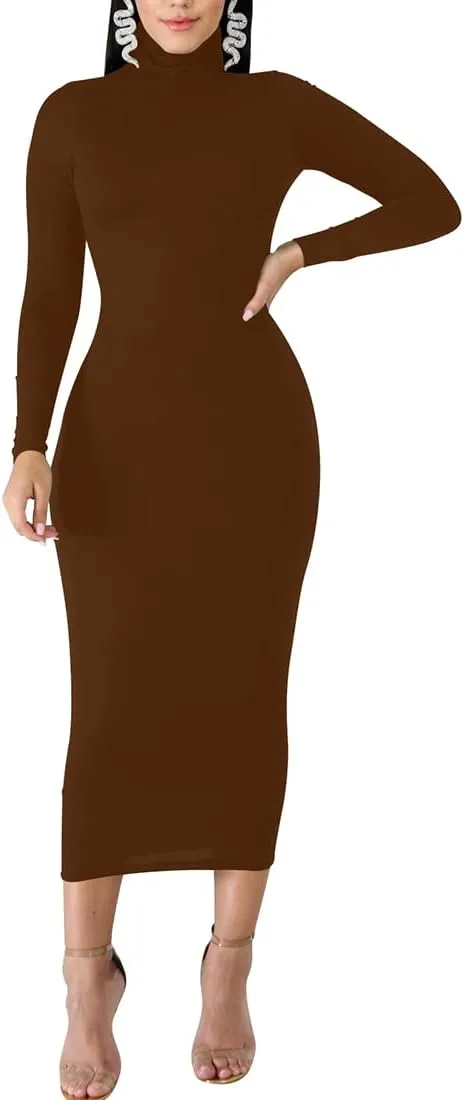 BORIFLORS Women's Sexy Basic Long Sleeve Turtleneck Bodycon Party Long Pencil Dress