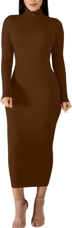 BORIFLORS Women's Sexy Basic Long Sleeve Turtleneck Bodycon Party Long Pencil Dress