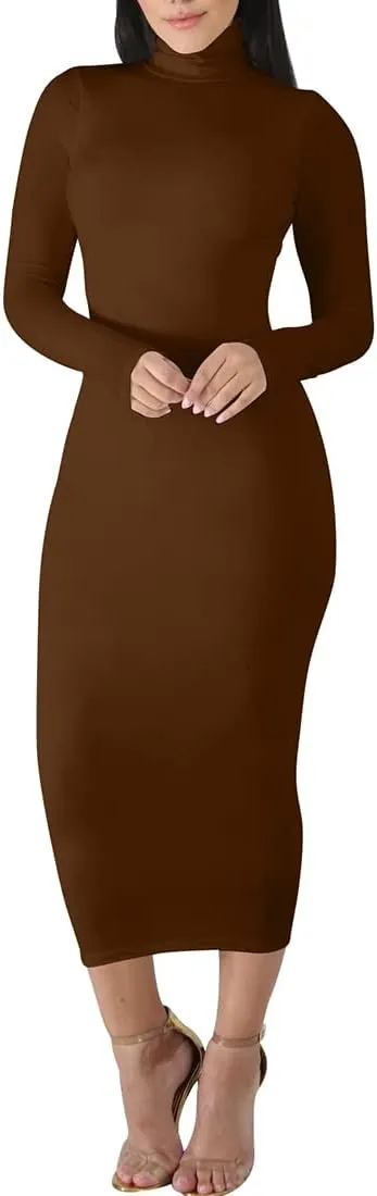 BORIFLORS Women's Sexy Basic Long Sleeve Turtleneck Bodycon Party Long Pencil Dress