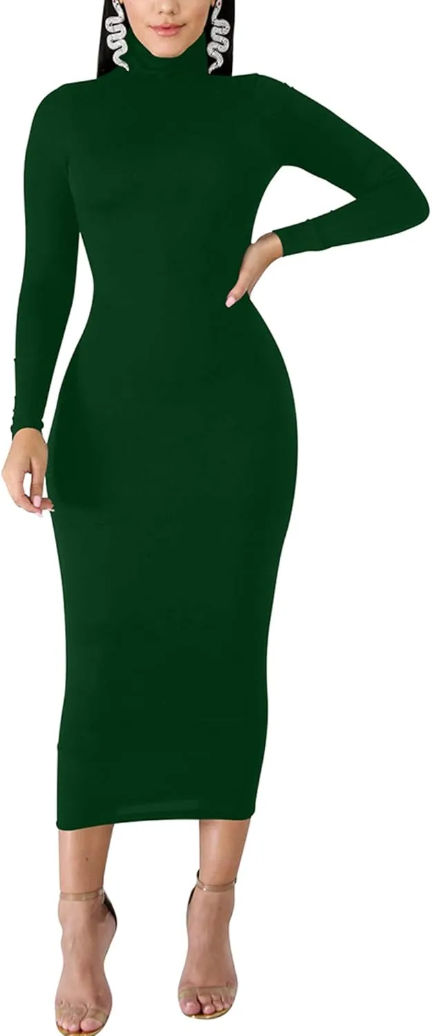 BORIFLORS Women's Sexy Basic Long Sleeve Turtleneck Bodycon Party Long Pencil Dress
