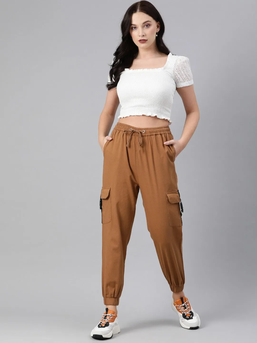 Brown Regular Fit Solid Joggers