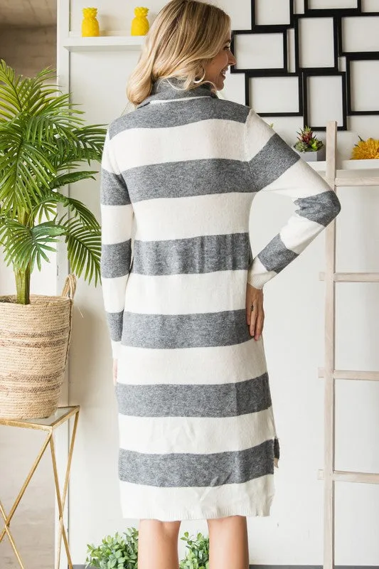 Charcoal/White Wide Striped Turtleneck Sweater Dress