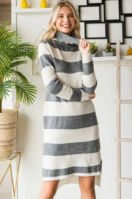 Charcoal/White Wide Striped Turtleneck Sweater Dress
