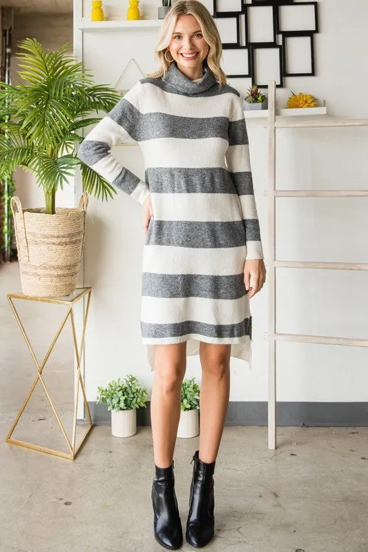 Charcoal/White Wide Striped Turtleneck Sweater Dress