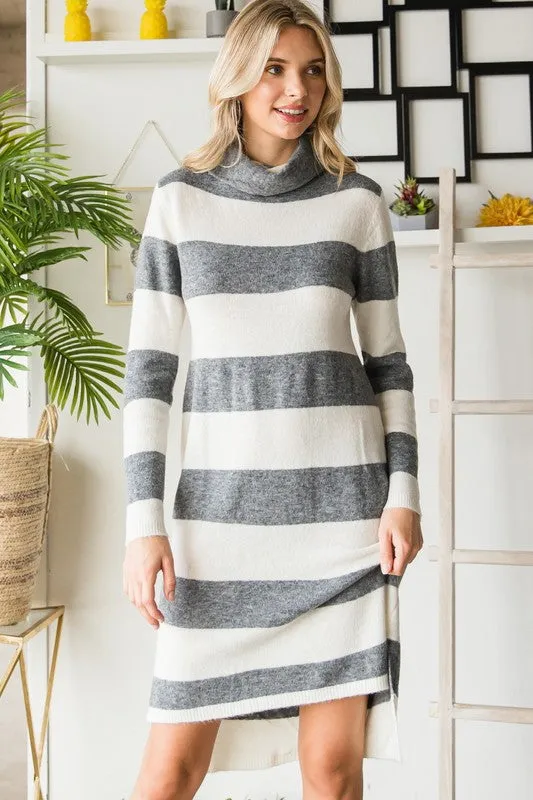 Charcoal/White Wide Striped Turtleneck Sweater Dress