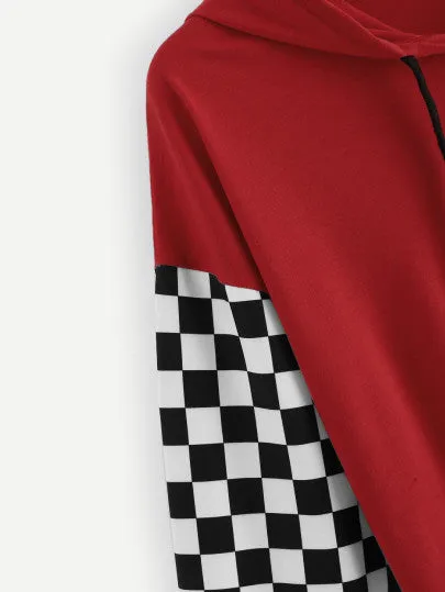 Checkered color hoodie crop sweatshirt