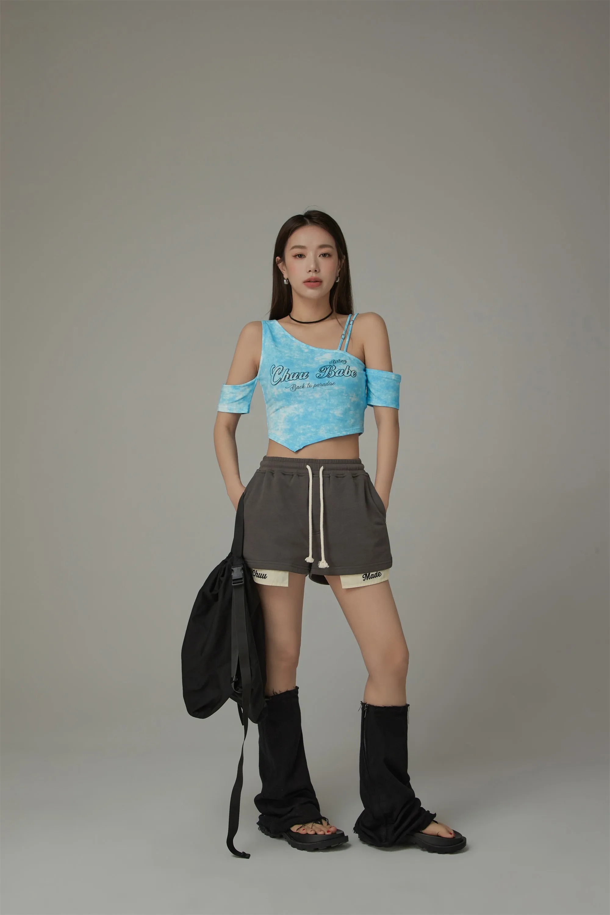 Chuu Babe Off-The-Shoulder Asymmetrical Cropped T-Shirt