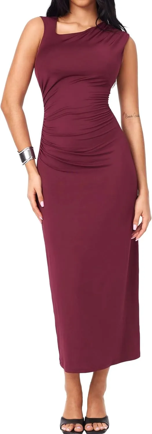 CIDER Women's Cocktail Dress Asymmetrical Neck Ruched Formal Dresses Bodycon Long Maxi Wedding Guest Dresses for Summer