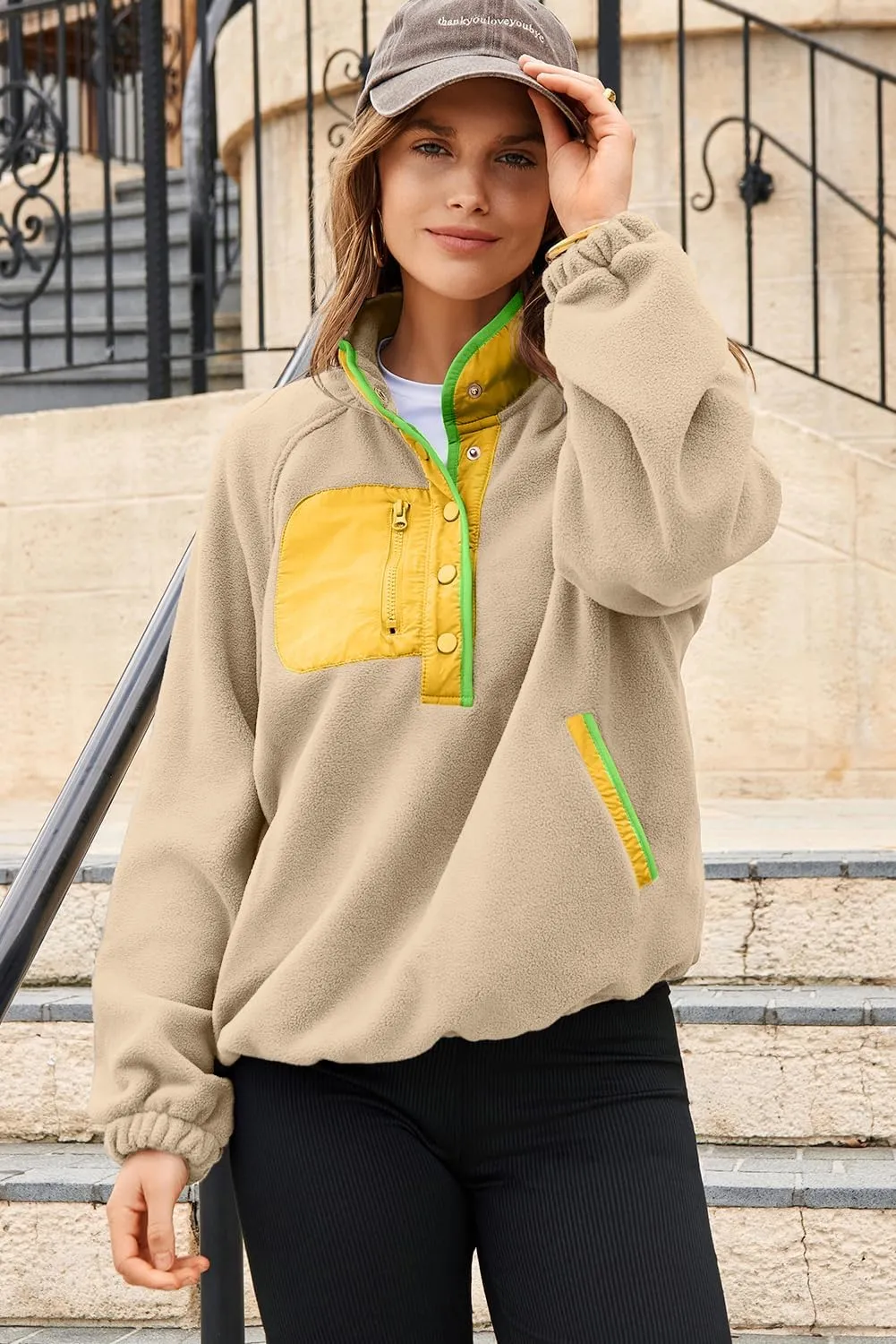 Dokotoo Sweatshirt for Women Oversized Fuzzy Fleece Jacket Color Block Button Long Sleeve Pullover Sherpa Sweatshirts Tops