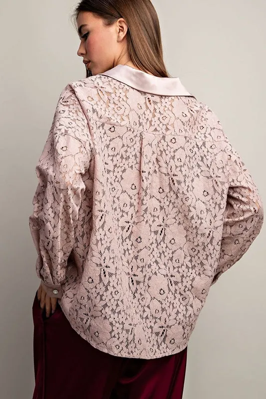 Eesome Floral Lace Tuxedo Blouse - Sheer Lace Pink Taupe