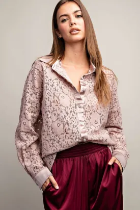 Eesome Floral Lace Tuxedo Blouse - Sheer Lace Pink Taupe