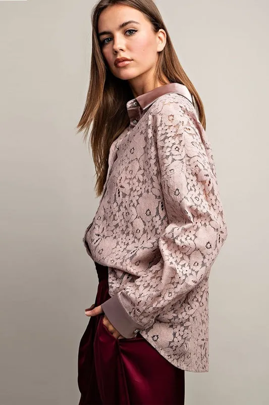 Eesome Floral Lace Tuxedo Blouse - Sheer Lace Pink Taupe
