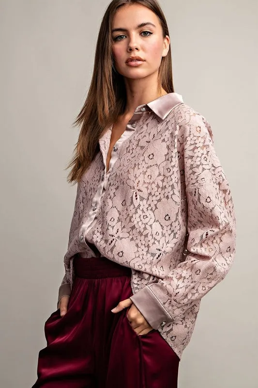 Eesome Floral Lace Tuxedo Blouse - Sheer Lace Pink Taupe