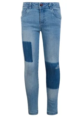Girls Blue Two Tone Effect Distressed Adjustable Waist Stretch Denim Jeans
