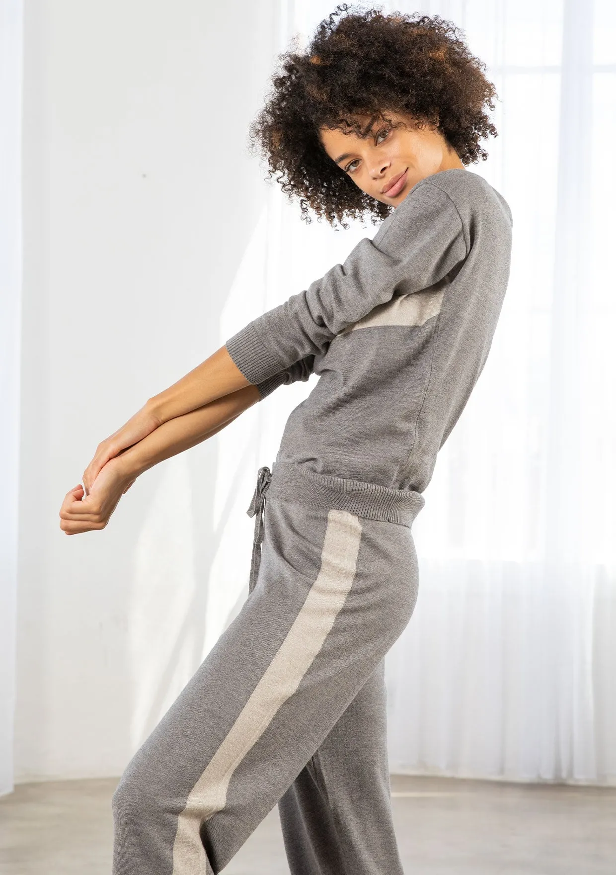 Grey Color Block Knit Jogger Pants
