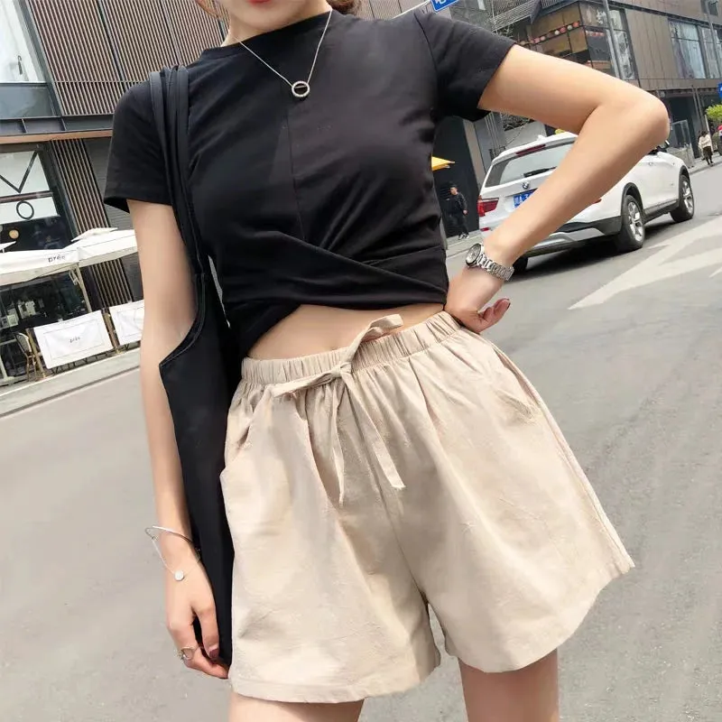 High-Waisted Casual Linen Shorts