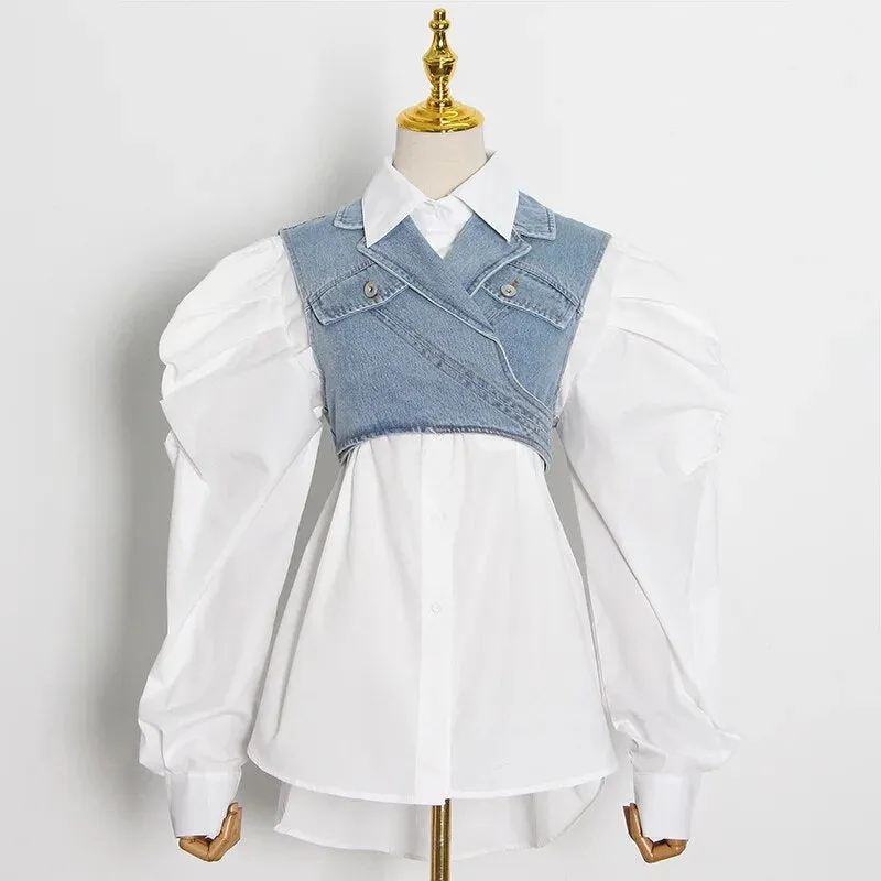 LAYLA WHITE SHIRT with PUFF SLEEVES and CROSS DENIM VEST 2 PIECE SET