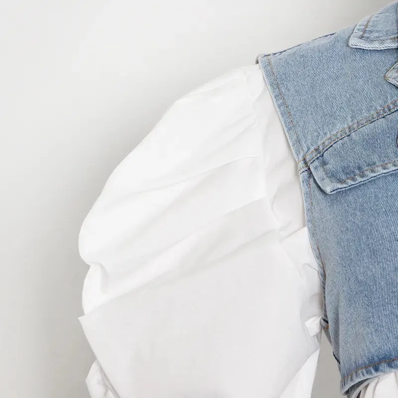 LAYLA WHITE SHIRT with PUFF SLEEVES and CROSS DENIM VEST 2 PIECE SET