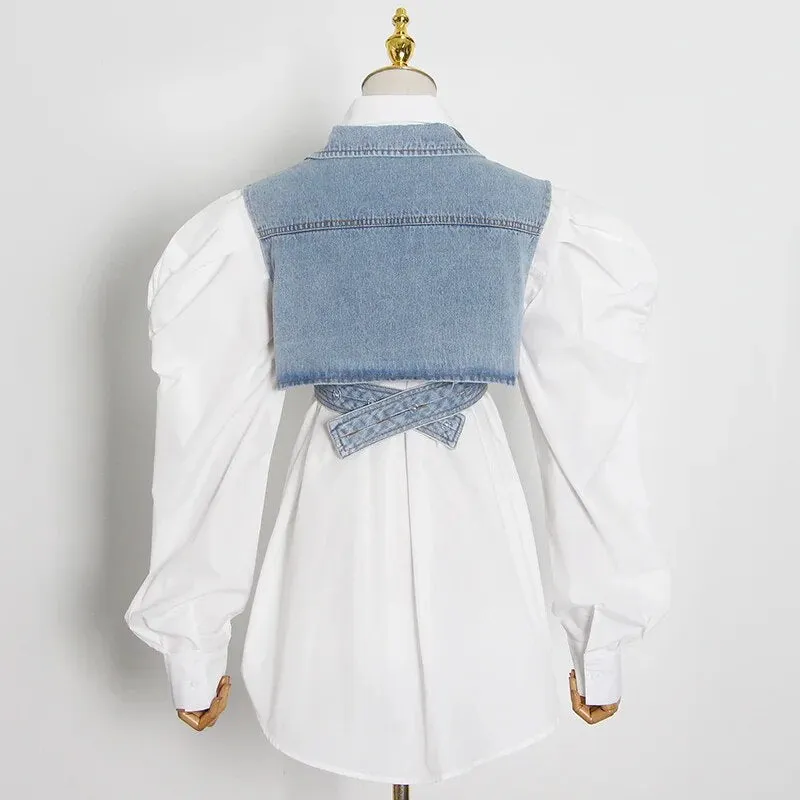 LAYLA WHITE SHIRT with PUFF SLEEVES and CROSS DENIM VEST 2 PIECE SET