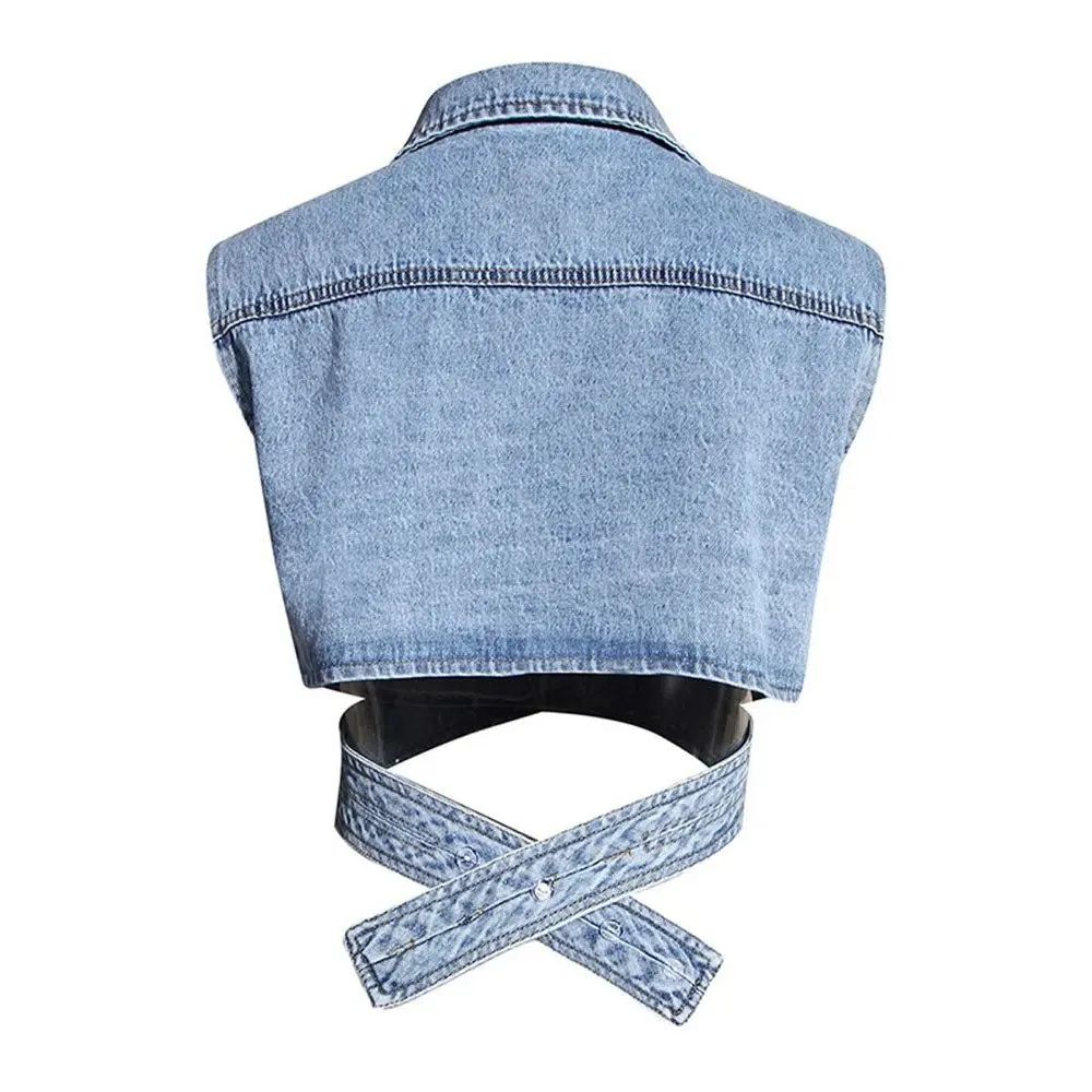 LAYLA WHITE SHIRT with PUFF SLEEVES and CROSS DENIM VEST 2 PIECE SET