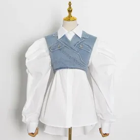 LAYLA WHITE SHIRT with PUFF SLEEVES and CROSS DENIM VEST 2 PIECE SET