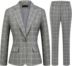 MODFUL Women's 2 Piece Business Plaid Suit Set Office One Button Slim Fit Blazer with Pant