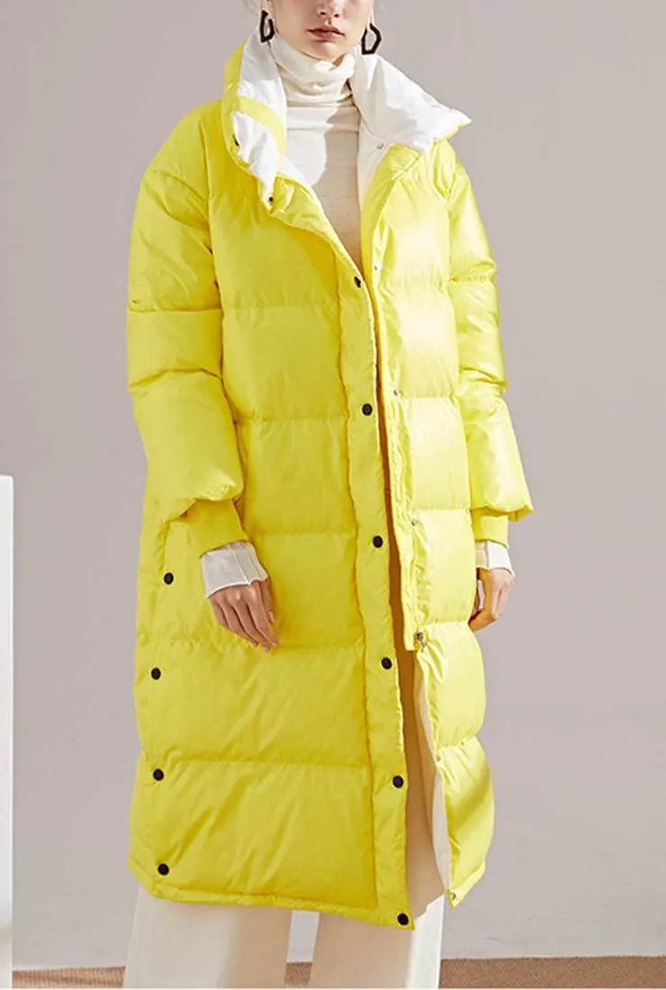 Multicolor Lapel Bubble Long Down Coat