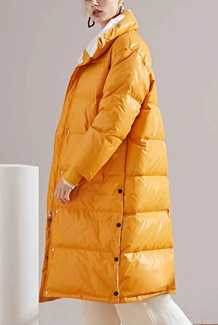 Multicolor Lapel Bubble Long Down Coat