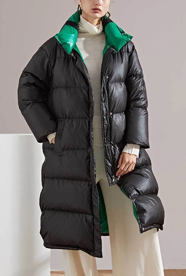 Multicolor Lapel Bubble Long Down Coat