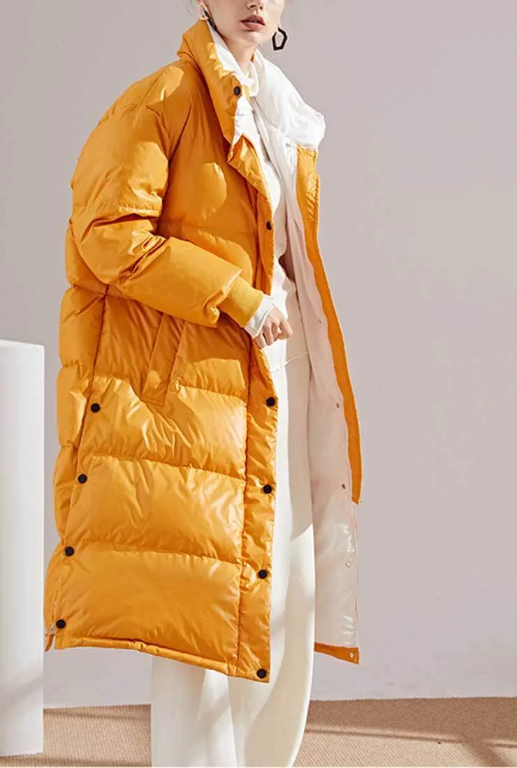 Multicolor Lapel Bubble Long Down Coat