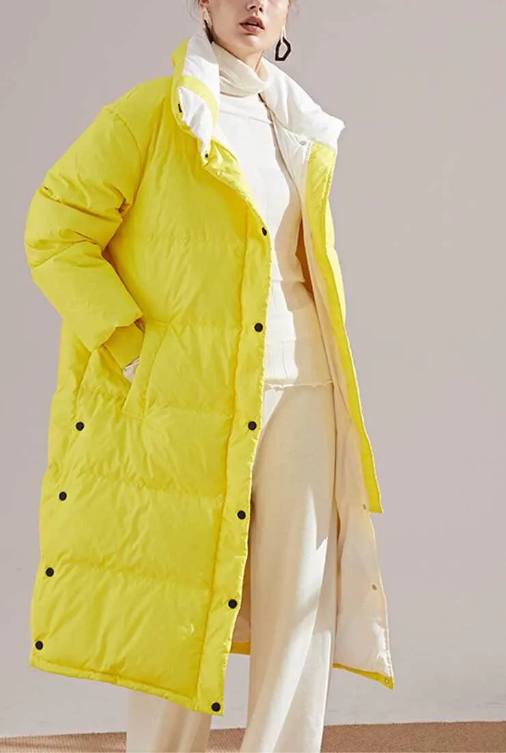 Multicolor Lapel Bubble Long Down Coat
