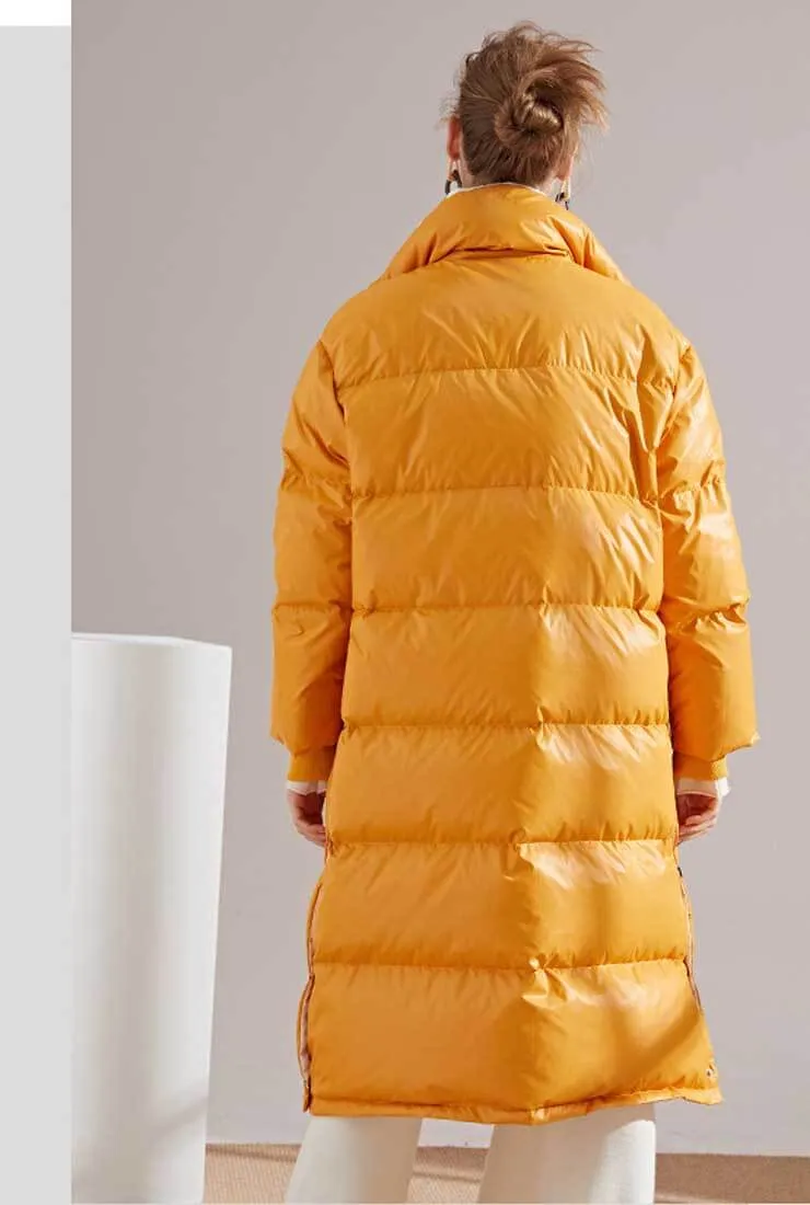 Multicolor Lapel Bubble Long Down Coat