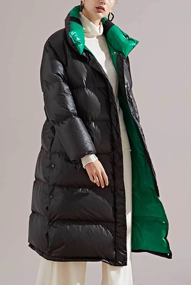 Multicolor Lapel Bubble Long Down Coat