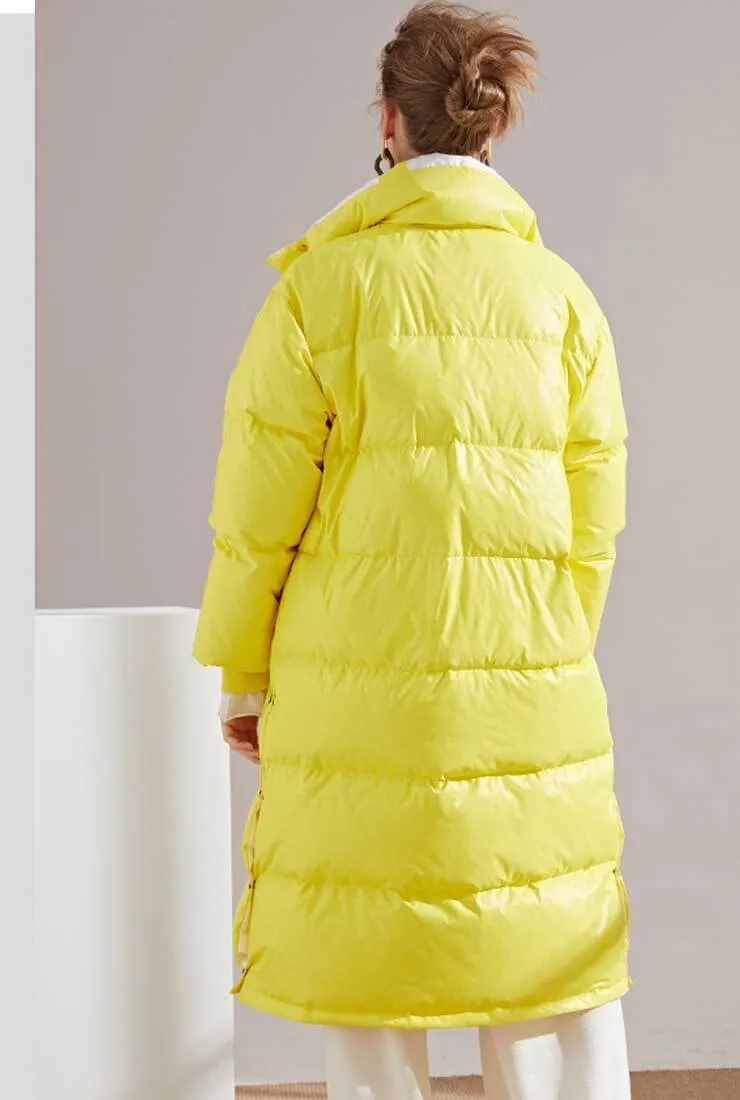Multicolor Lapel Bubble Long Down Coat