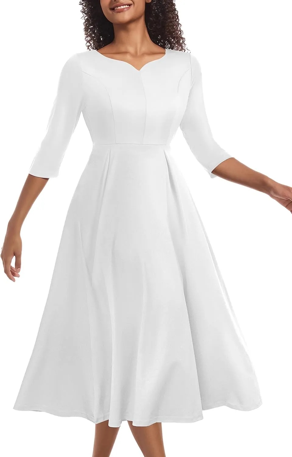 Nmoder Midi Dresses for Women Casual Fit and Flare A-Line Swing Dress 3/4 Sleeve Church Cocktail Dress with Pockets