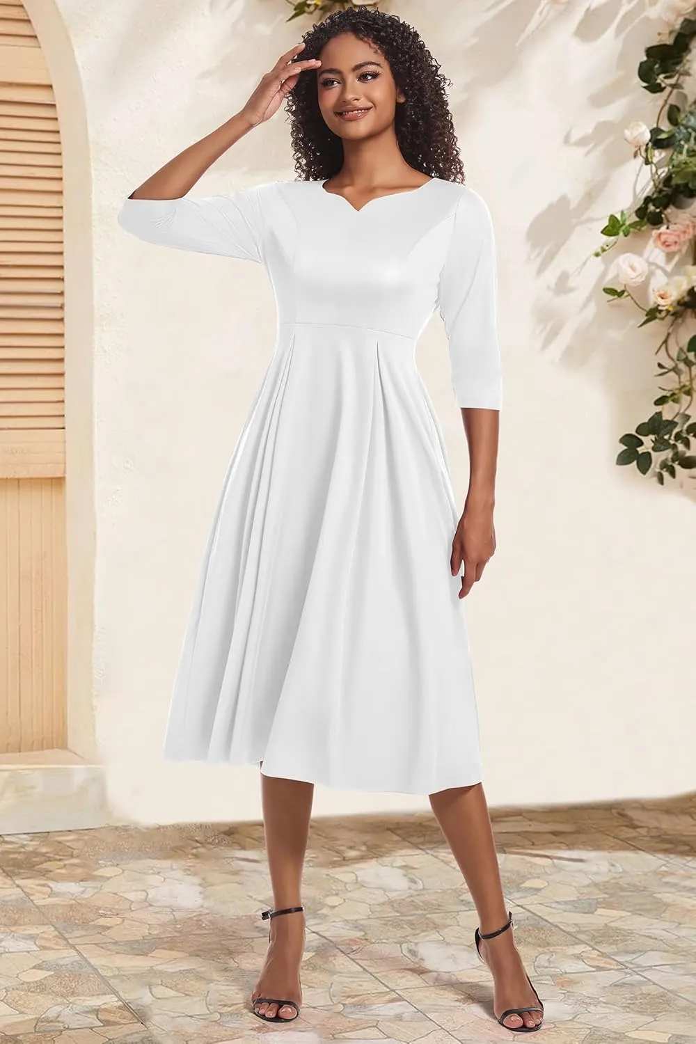 Nmoder Midi Dresses for Women Casual Fit and Flare A-Line Swing Dress 3/4 Sleeve Church Cocktail Dress with Pockets
