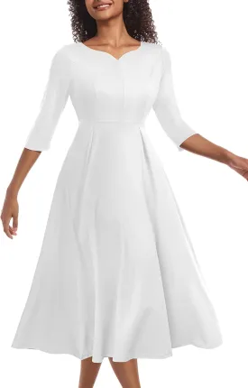Nmoder Midi Dresses for Women Casual Fit and Flare A-Line Swing Dress 3/4 Sleeve Church Cocktail Dress with Pockets