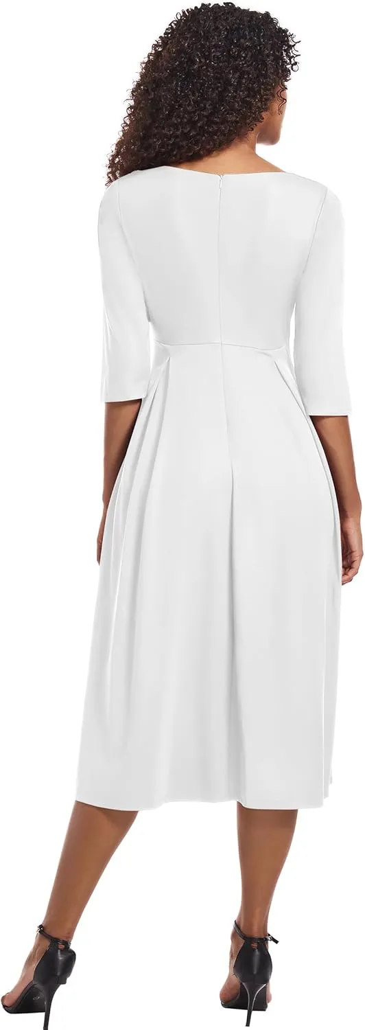 Nmoder Midi Dresses for Women Casual Fit and Flare A-Line Swing Dress 3/4 Sleeve Church Cocktail Dress with Pockets