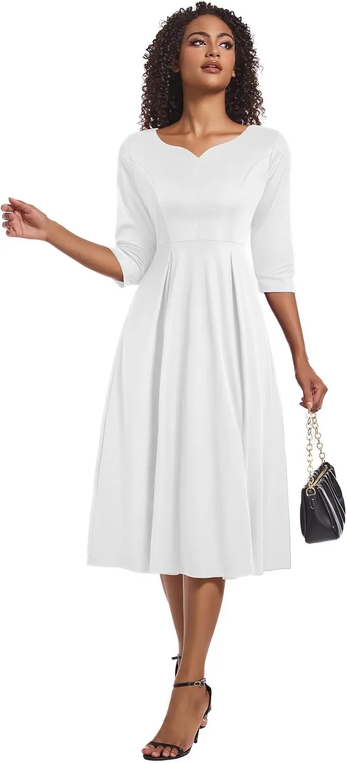 Nmoder Midi Dresses for Women Casual Fit and Flare A-Line Swing Dress 3/4 Sleeve Church Cocktail Dress with Pockets