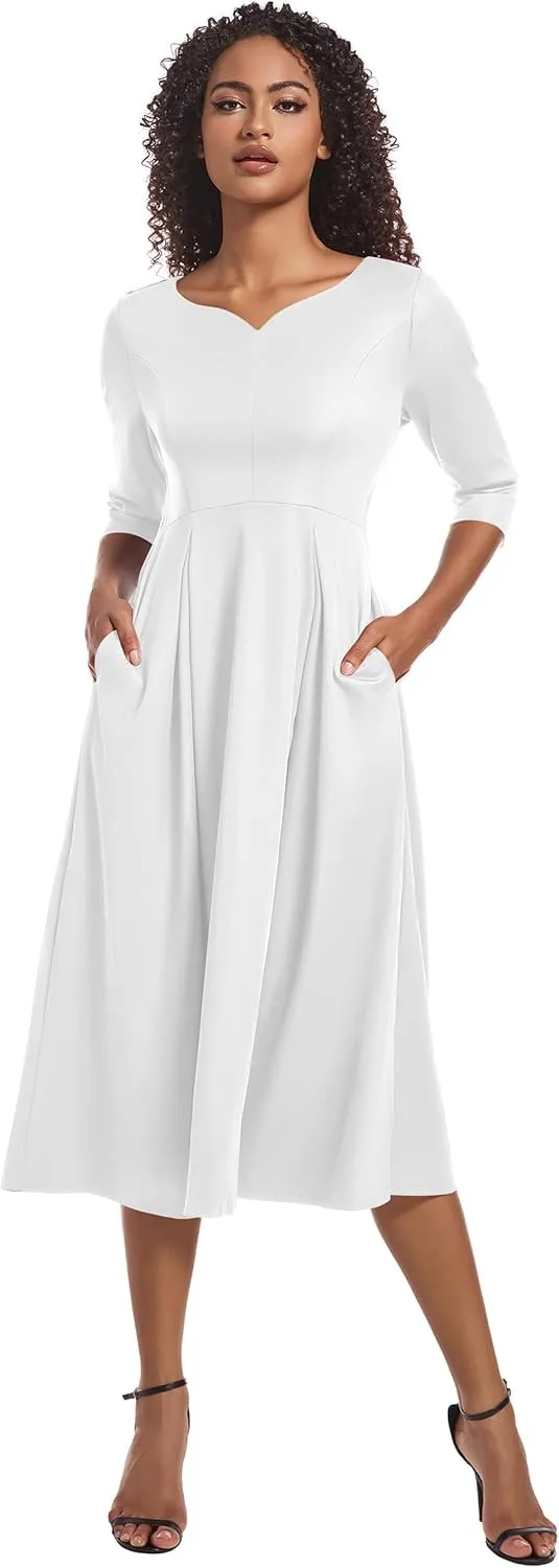 Nmoder Midi Dresses for Women Casual Fit and Flare A-Line Swing Dress 3/4 Sleeve Church Cocktail Dress with Pockets