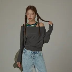 Off The Shoulder Loosefit Long Sleeve Basic T-Shirt