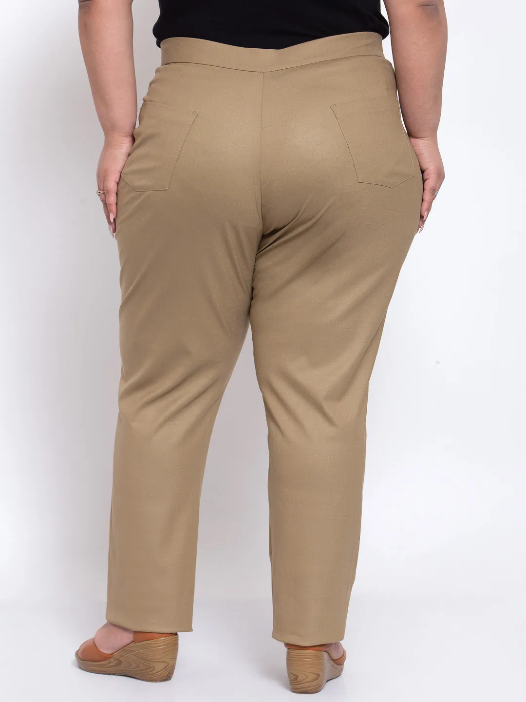 plusS Women Beige Regular Fit Cotton Solid Formal Trousers